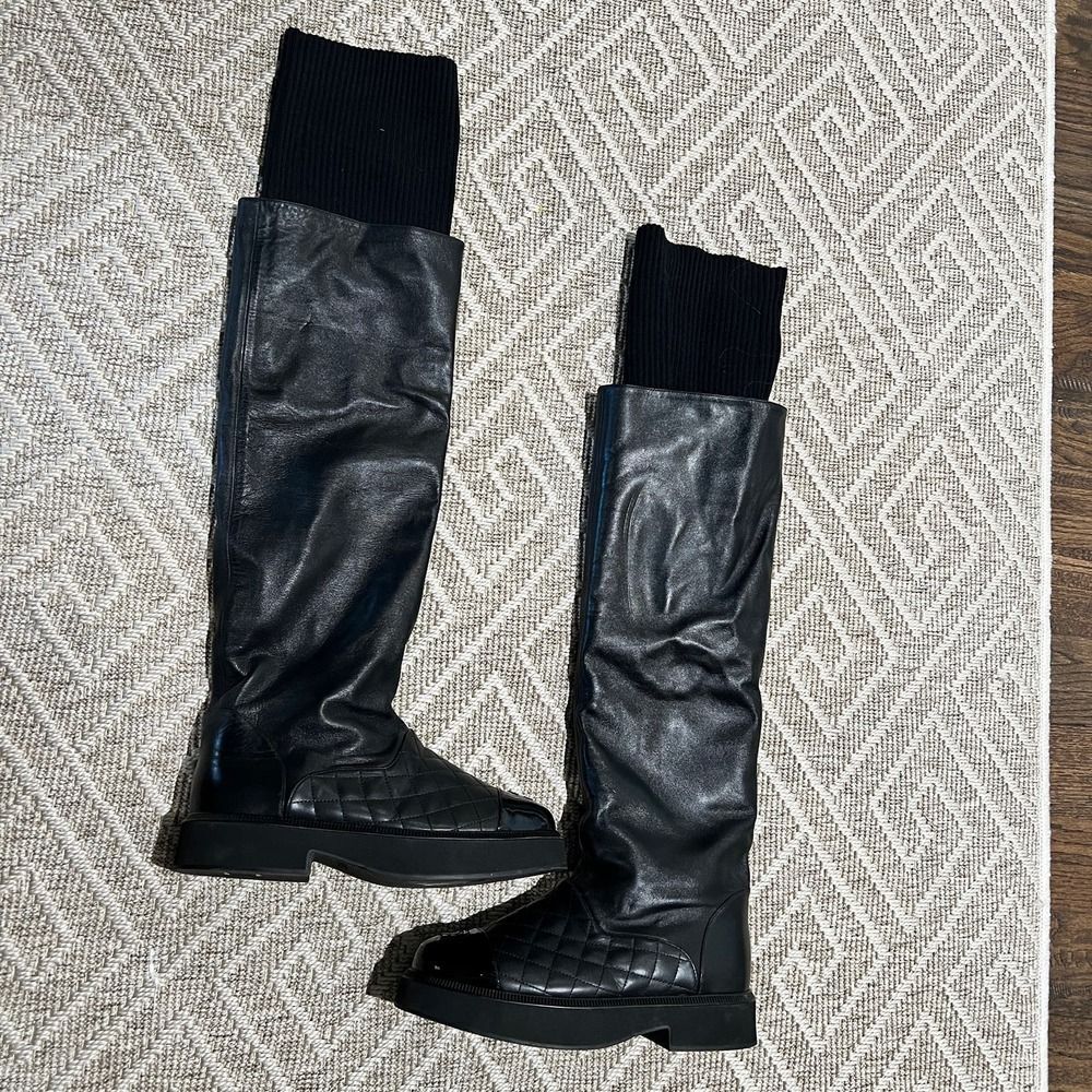 CHANEL 21B Quilted Leather Knit Sock Socks Out High Over Knee Tall Boots 39 - Picture 3 of 10